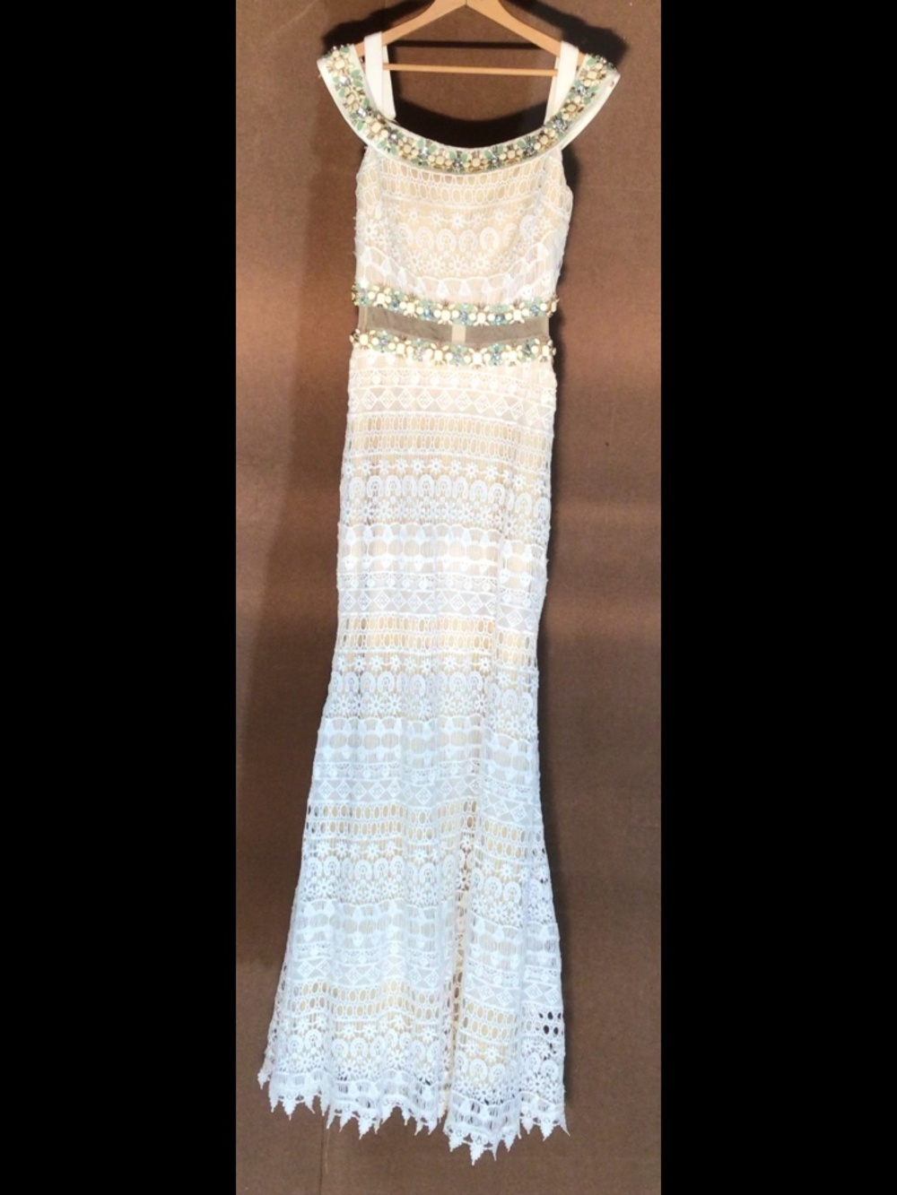 Rachel Allan white off-the-shoulder neckline and intricate beaded belt dress